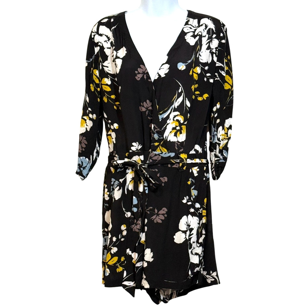 Yumi Kim Black Floral Wrap Romper Tie Waist 3/4 Sleeve size L